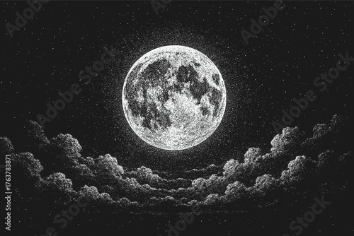 Black and white dotwork illustration of the full moon surrounded by clouds, detailed stippling style night sky artwork