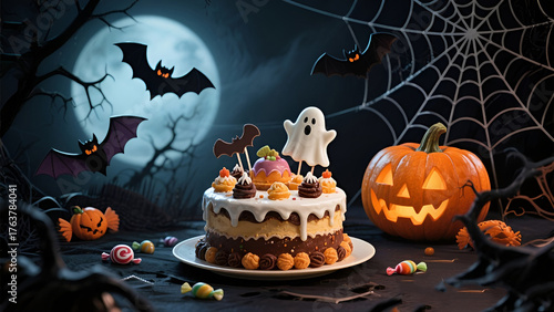 Halloween cake with skull-shaped candies on a minimal grey background.
