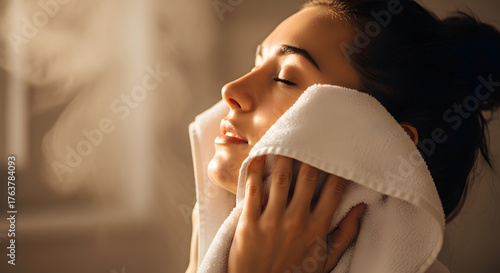 Woman enjoying a rejuvenating facial steam treatment with a warm towel, promoting skincare, relaxation, and wellness at home or a spa