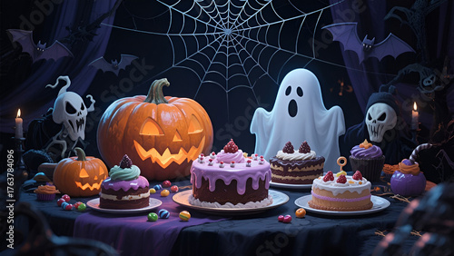 Halloween cake with skull-shaped candies on a minimal grey background.
