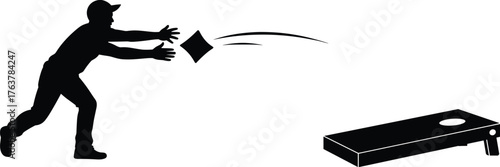 Cornhole game silhouette illustration, black and white vector, bean bag toss artwork, outdoor recreation design, precision sport graphic, leisure activity concept