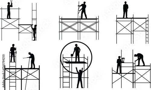 Construction workers on scaffolding silhouette, building site teamwork illustration, industrial safety concept, maintenance worker vector design, structure repair and renovation scene