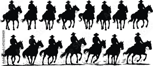 Cowboy riding horse silhouette collection, western ranch vector illustration, wild west cowboy design, rodeo rider art, adventure, country lifestyle graphic elements