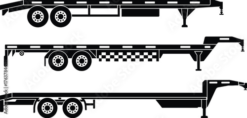 Flatbed trailer illustrations, black silhouette transport vectors, gooseneck hitch designs, heavy equipment hauler artwork, cargo vehicle deck profiles
