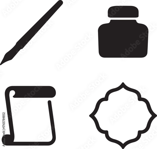 Four writing icons quill inkwell scroll and ornate frame silhouette isolated on white background