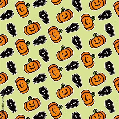 Halloween pattern with pumpkins and coffins on a soft green background