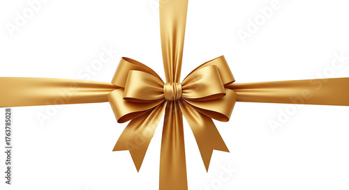Golden Satin Ribbon Bow on Transparent Background, Luxurious Gold Gift Ribbon Tied in Elegant Bow, High-Quality Studio Shot of Shiny Satin Ribbon, Decorative Golden Bow Isolated with Checkerboard Patt