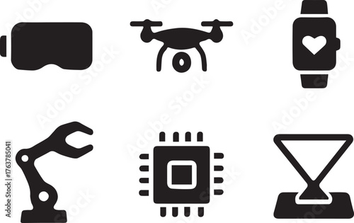 Collection of technology icons in silhouette isolated on white background