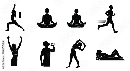 Set of silhouettes of people doing yoga and fitness exercises