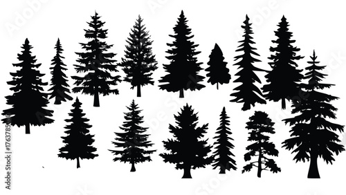 Evocative pine tree silhouette collection offering a serene forest atmosphere for design projects and nature themes