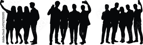 Group selfie silhouette, business people taking selfies, modern social interaction, smartphone culture, teamwork, digital lifestyle, corporate fun, mobile photography, urban networking moment