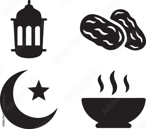 Islamic symbols and food silhouette isolated on white background