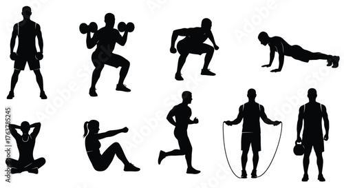 Silhouette of a man doing different exercises, squats, pushups, and jumping rope