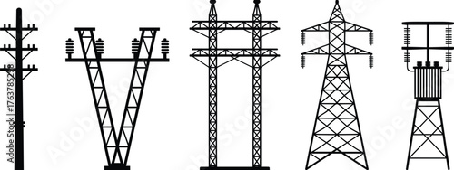 High voltage electricity transmission tower silhouette vector illustration, power line structure, energy infrastructure, industrial design, electric pole and pylon engineering concept