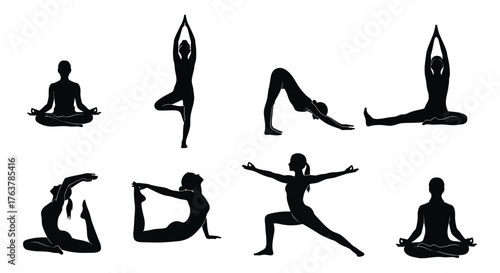 Set of silhouettes of people doing yoga poses