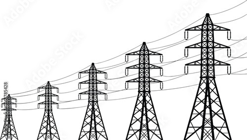 High voltage transmission power line tower silhouette vector illustration, electricity pylon network, industrial energy infrastructure, electric grid system and engineering concept
