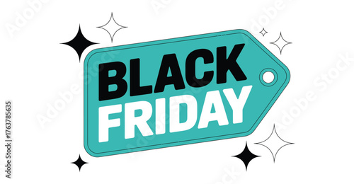 Black Friday Sale tag design with bold black and white text, teal price tag, sparkles, and festive retail theme for seasonal promotions