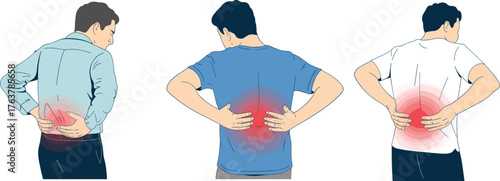 Lower back pain, red pain highlight, posture issue, muscle strain, medical symptom, spine discomfort, health awareness, body ache, pain illustration, physical condition