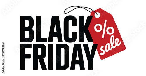 Black Friday Sale graphic with bold black text, red price tag, percentage symbol, and festive retail theme for seasonal discount promotion