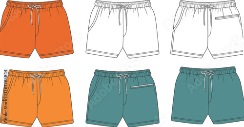 Men swim shorts flat front and back view, beachwear CAD vector illustration, fashion apparel technical drawing design, casual summer clothing template