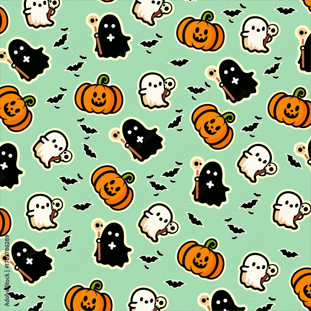 Fototapeta premium Cute Halloween pattern with ghosts, pumpkins, and bats on a teal background