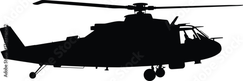 Military helicopter silhouette vector illustration, black aircraft shape, aviation transportation design, combat chopper outline, army air vehicle, flying rotor aircraft graphic