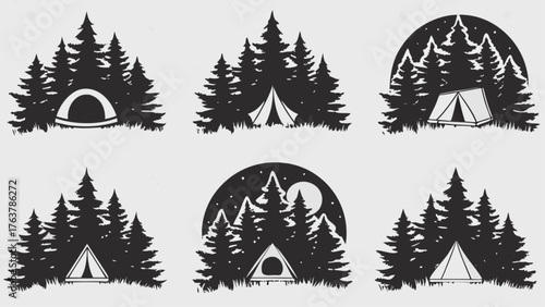 Adventure awaits with stylish forest campsite icons, perfect for outdoor branding and travel designs.