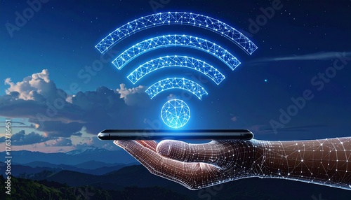 Realistic 3D render of wireframe digital hand holding smartphone showing WiFi icon with abstract data and tech background, concept of future digital network
