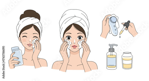 Skincare routine steps with towel-wrapped hair and cleansing products in cartoon style