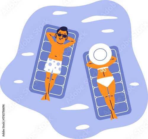 Flat illustration of man and woman sunbathing on air mattresses in swimming pool.