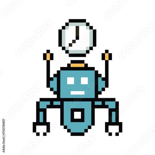 Cartoon pixel art of humanoid robot learning toy robotic engineer bot machine business vector character automation electronic background 8 bit artificial intelligence concept.