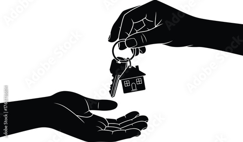 Property handover silhouette illustration, black and white real estate vector, house key transfer artwork, ownership exchange design, moving home graphic elements