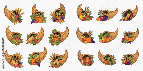 A collection of cornucopia illustrations overflowing with fruits and vegetables.