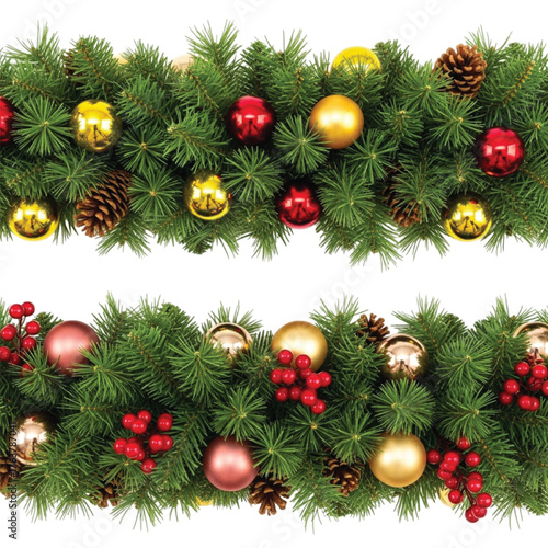 Two Rows Of Christmas Garland With Ornaments And Pinecones christmas decoration pine needles