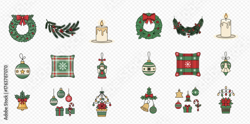 Festive Christmas decorations including wreaths, candles, ornaments, and presents.