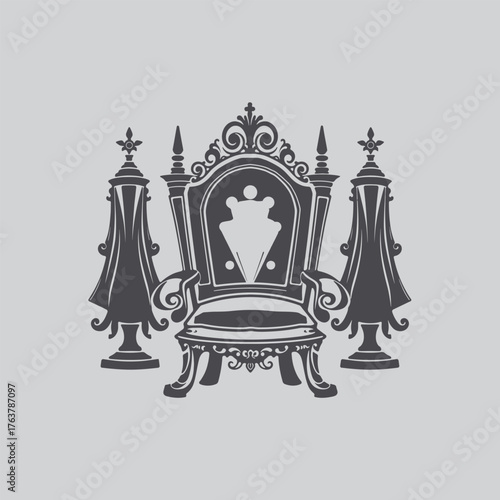An ornate regal throne chair with decorative flanking pillars displayed