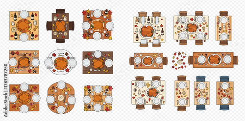 Overhead view of various Thanksgiving dinner table settings with different shapes and decorations.