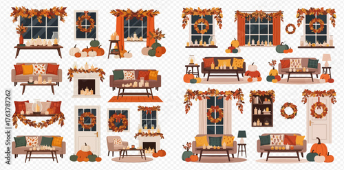 Fall-themed interior design elements featuring cozy living room setups and seasonal decorations.