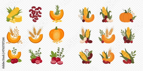 Harvest bounty: corn, beans, pumpkin, wheat, and cranberries arranged in decorative piles.