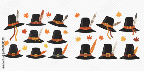 Pilgrim hats with feathers and buckles, scattered with autumn leaves.