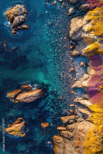 Aerial view of rocky coastline with clear turquoise water, sunlight-bathed rocks