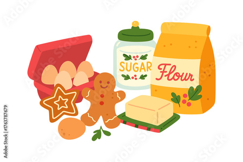 Gingerbread ingredients including flour, sugar, eggs, and butter christmas baking ingredients