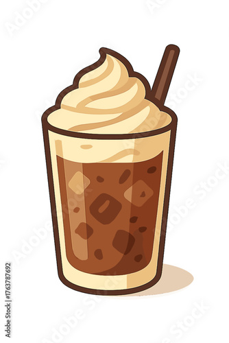 Iced coffee drink with whipped cream and straw in clear glass iced mocha with cream