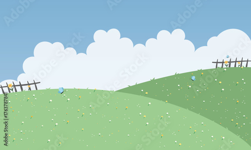 Kawaii Cute Cartoon grassland landscape Background with grass, flowers and sky	