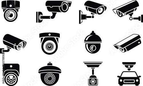 Security camera icon set, CCTV surveillance system vector illustration, modern video monitoring device collection for safety, protection, and security technology design