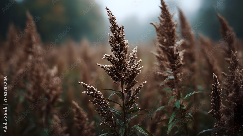 Fototapeta premium Close up of dry brown plant stalks in a misty outdoor field during autumn