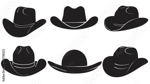 Six distinct cowboy hat silhouettes showcasing classic Western style and rugged charm for any project.