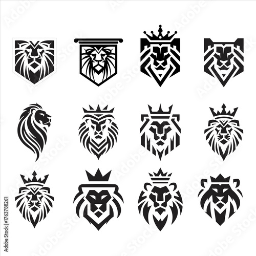 Collection of lion head logos in various styles, perfect for branding