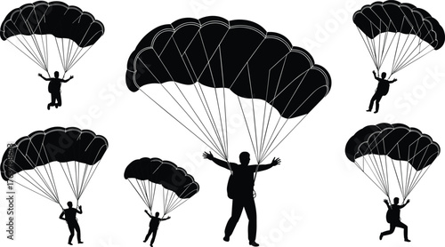 Silhouette of skydivers with parachutes flying in air, extreme sport adventure vector illustration, teamwork, freedom, sky jumping concept background