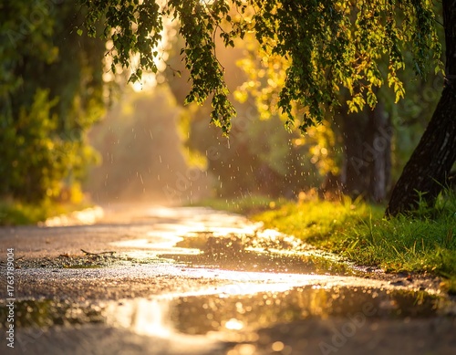 Wet, sunlit lane under leafy canopy, rain falling creating reflections in puddles. Warm glow. Trees border the road. Golden hour ambiance